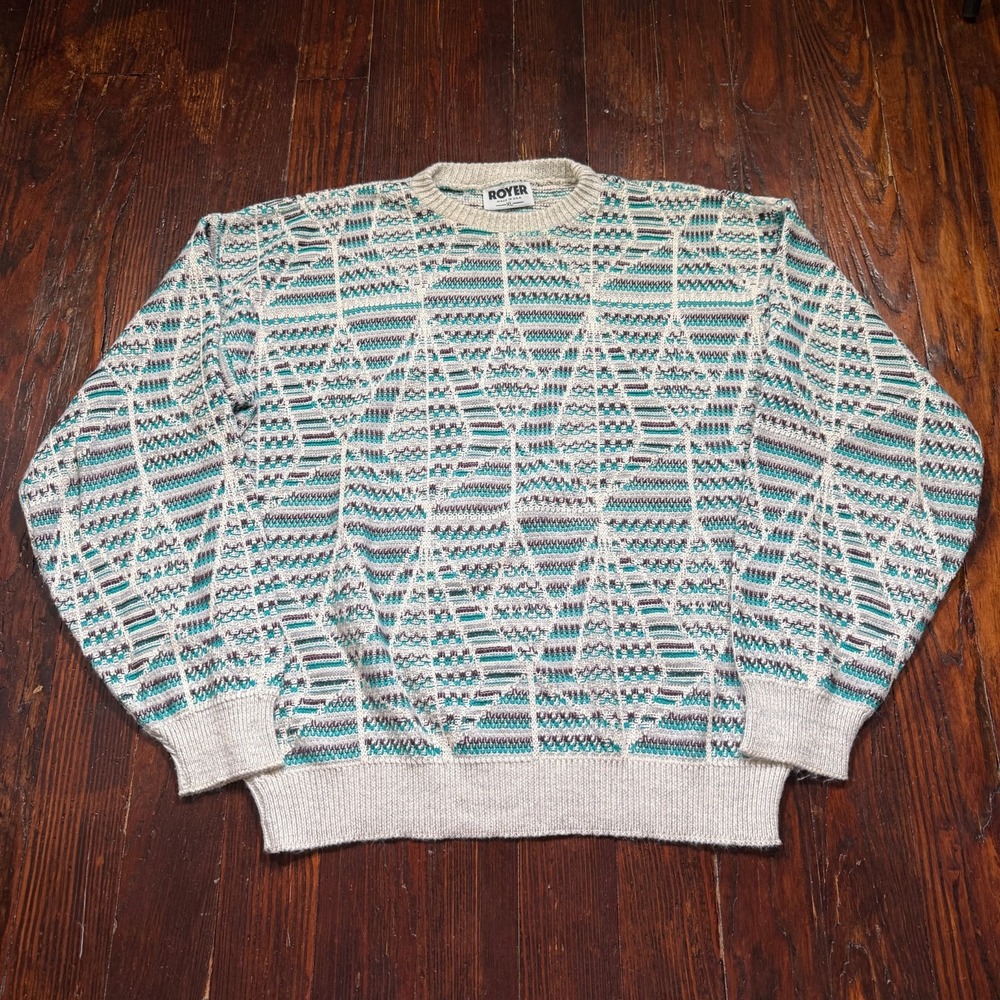 Vintage Royer Sweater Mens XL Abstract‎ MADE IN USA Geometric Pattern 3D Knit